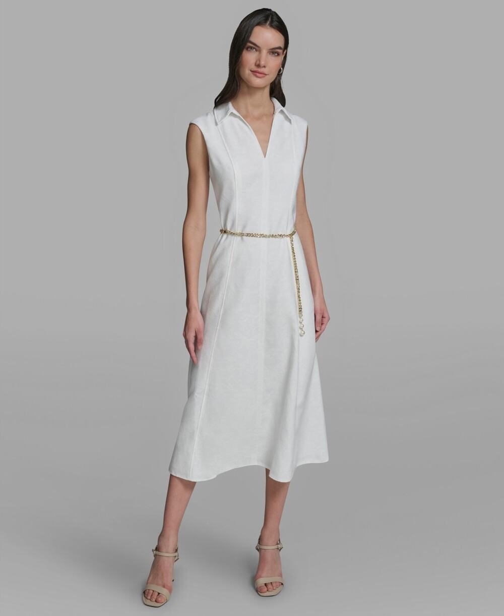 KARL LAGERFELD PARIS Women's Collared Chain Belt Midi Dress Size 16 2706